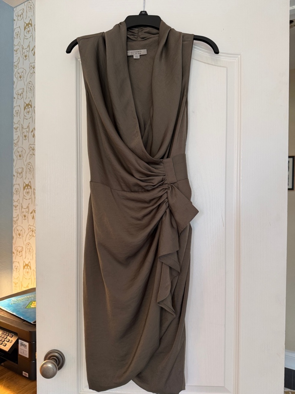 All Saints Taupe Brown/green Draped Midi Dress